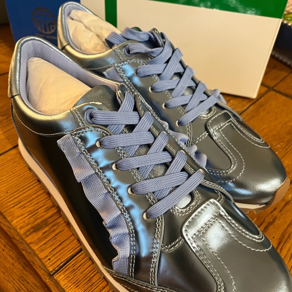 Tory Sport Metallic ACE Blue Ruffle Trainers